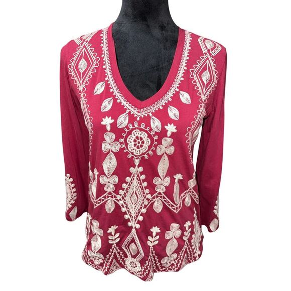 Johnny Was Liona V Neck Long Sleeve Top Embroidered Floral Burgundy Cotton XS - Picture 1 of 9